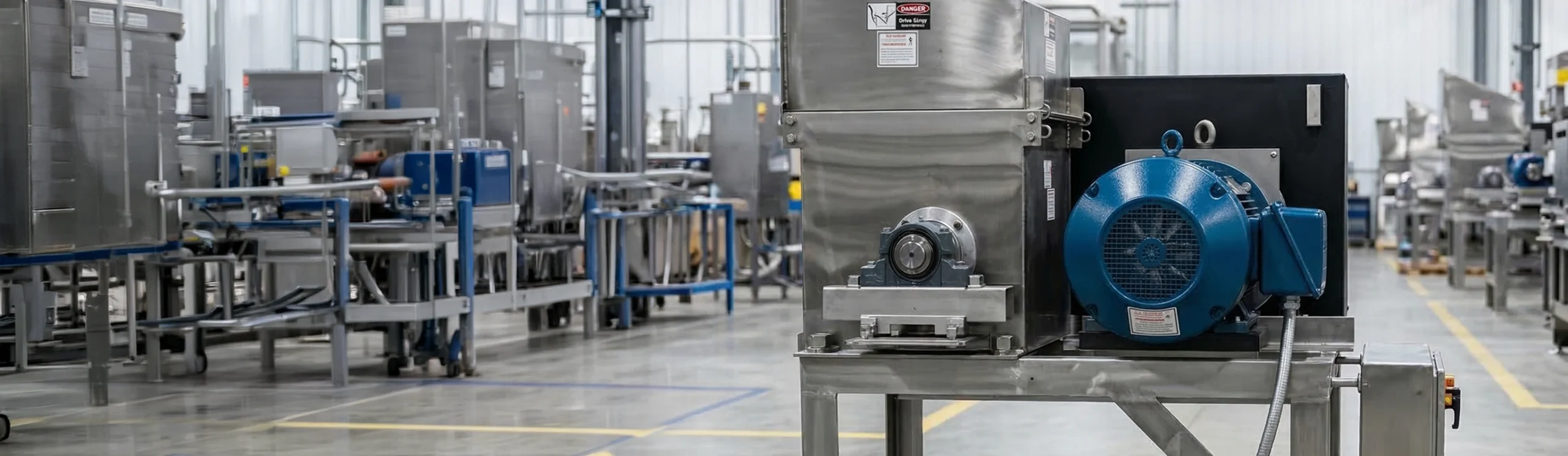 Industrial food processing equipment in a clean, spacious factory setting, featuring large stainless steel machines, conveyor belts, and a blue motor in the foreground.
